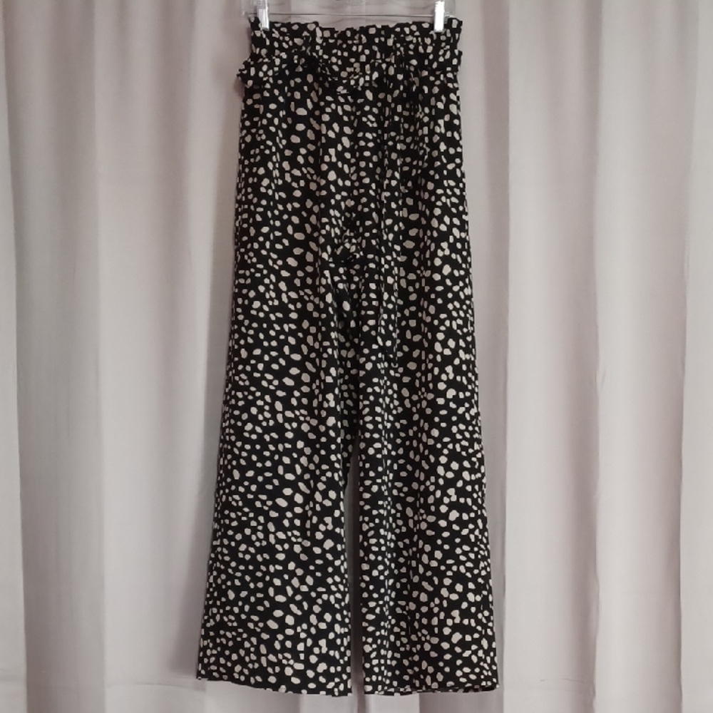 Alya Black And Cream Spotted High Waisted Paperbag Wide Leg Palazzo Pants Size S - Picture 1 of 14